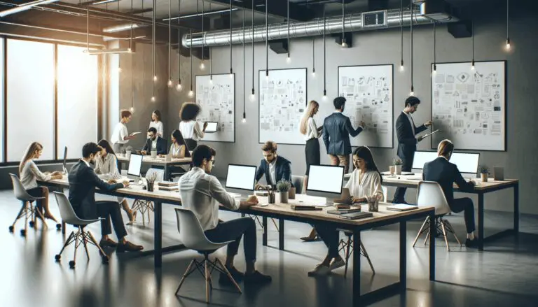 Emprendedores colaborando en un espacio moderno de coworking con pizarras y dispositivos electrónicos.