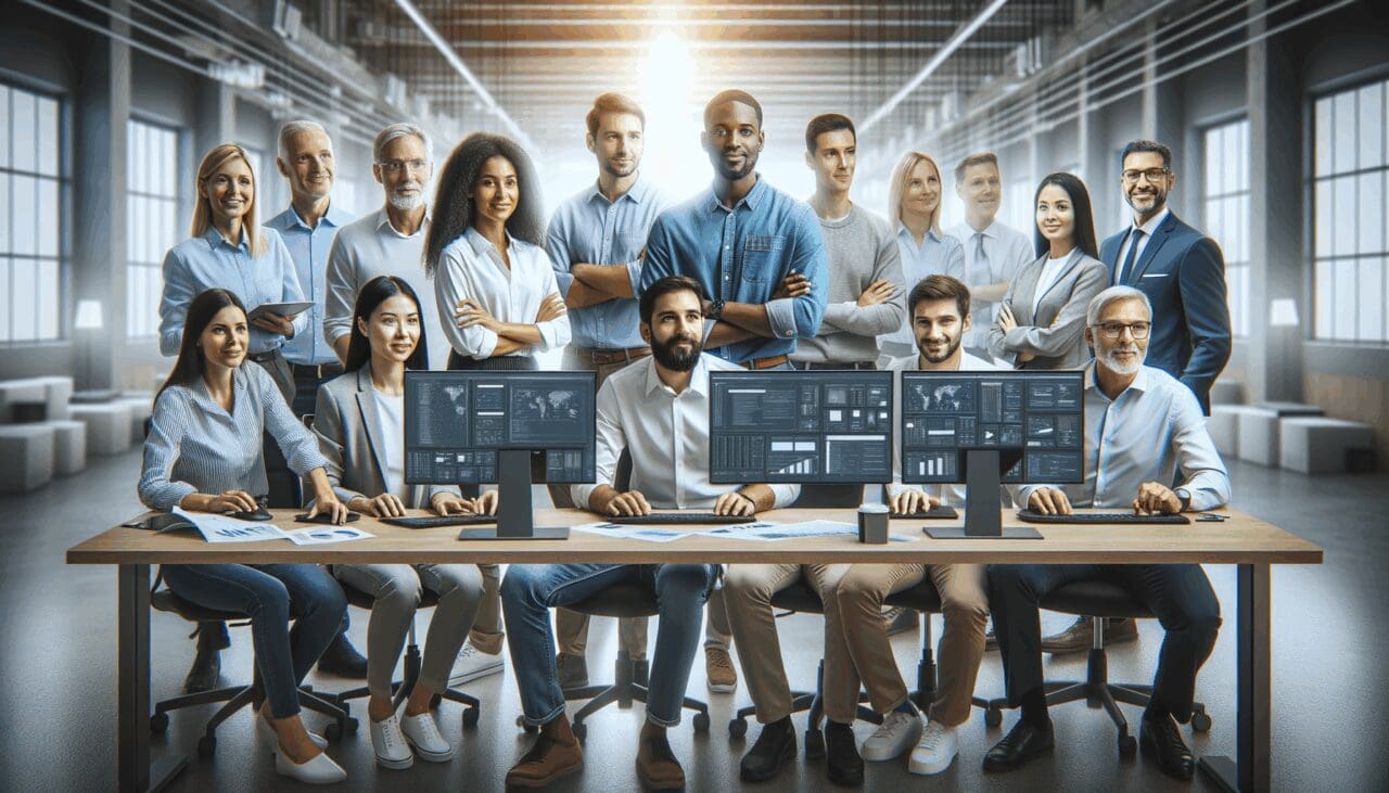 Un equipo internacional de ingenieros colaborando frente a pantallas digitales en un entorno de oficina moderno.