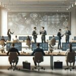 Sala de trabajo moderna con emprendedores colaborando frente a pantallas tecnológicas