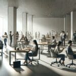 Espacio de coworking moderno con emprendedores colaborando y tecnología innovadora.