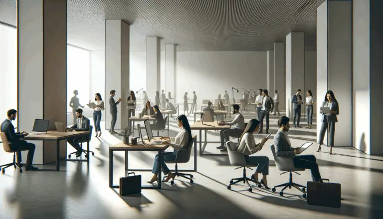 Espacio de coworking moderno con emprendedores colaborando y tecnología innovadora.