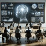 Primer plano de una oficina moderna con equipos colaborando y pantallas mostrando algoritmos de inteligencia artificial.