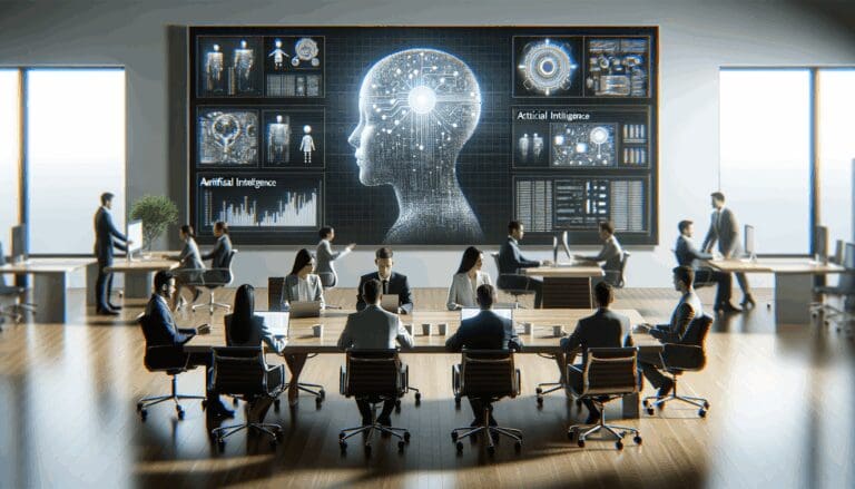 Primer plano de una oficina moderna con equipos colaborando y pantallas mostrando algoritmos de inteligencia artificial.