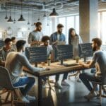 Jóvenes desarrolladores colaborando en un espacio de coworking moderno con pantallas y códigos visibles.