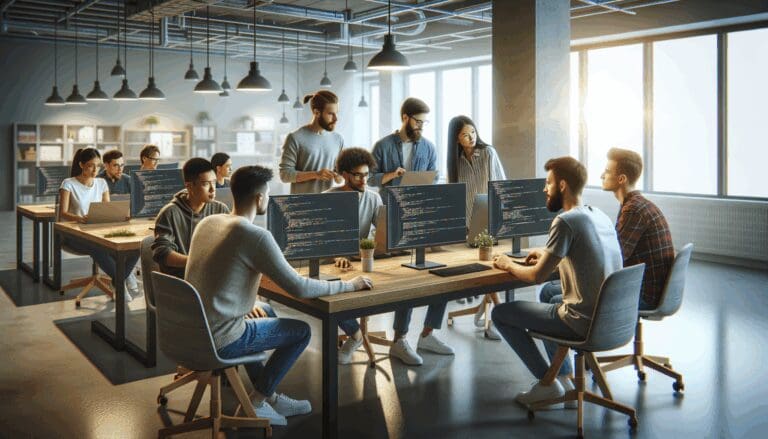 Jóvenes desarrolladores colaborando en un espacio de coworking moderno con pantallas y códigos visibles.