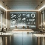 Persona revisando dashboards digitales en una oficina moderna, iluminación neutra y ambiente tecnológico.