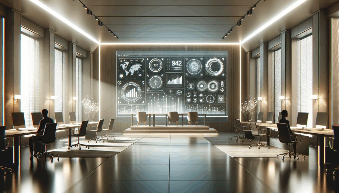 Persona revisando dashboards digitales en una oficina moderna, iluminación neutra y ambiente tecnológico.