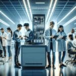 Laboratorio de alta tecnología con jóvenes ingenieros trabajando en dispositivos avanzados, iluminación futurista.