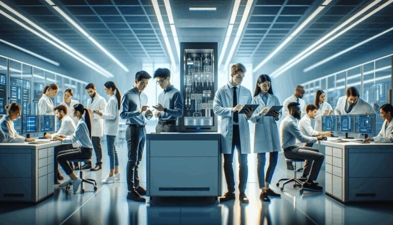 Laboratorio de alta tecnología con jóvenes ingenieros trabajando en dispositivos avanzados, iluminación futurista.