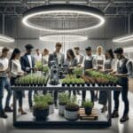 Equipo diverso de jóvenes emprendedores colaborando en laboratorio agrícola tecnológico con plantas e instrumentos modernos.