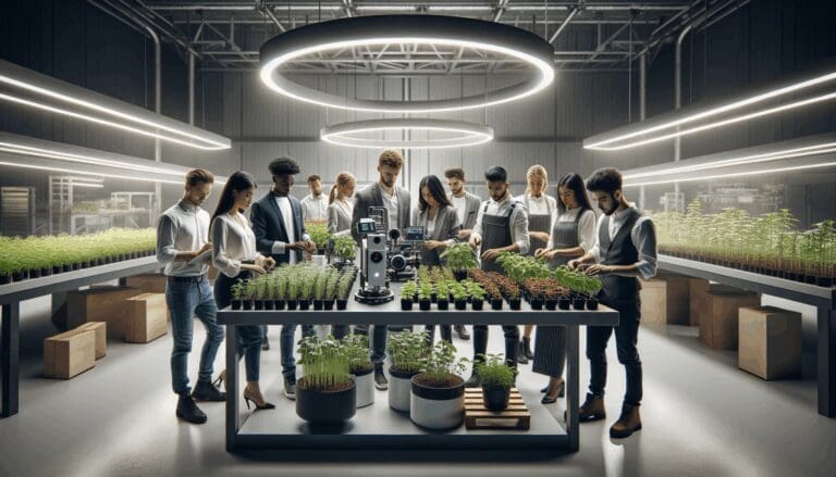 Equipo diverso de jóvenes emprendedores colaborando en laboratorio agrícola tecnológico con plantas e instrumentos modernos.