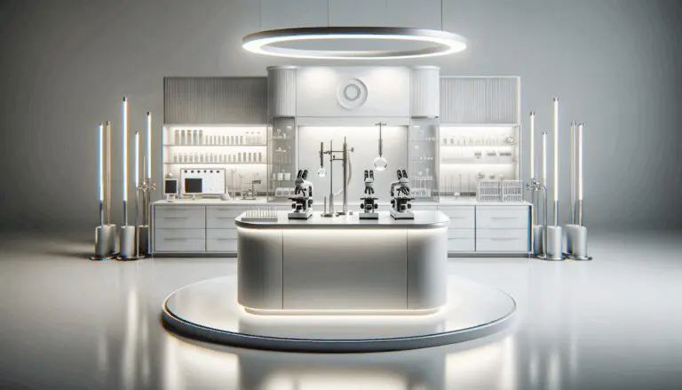 Laboratorio tecnológico con instrumentos científicos modernos y metales brillando bajo luz blanca neutra.