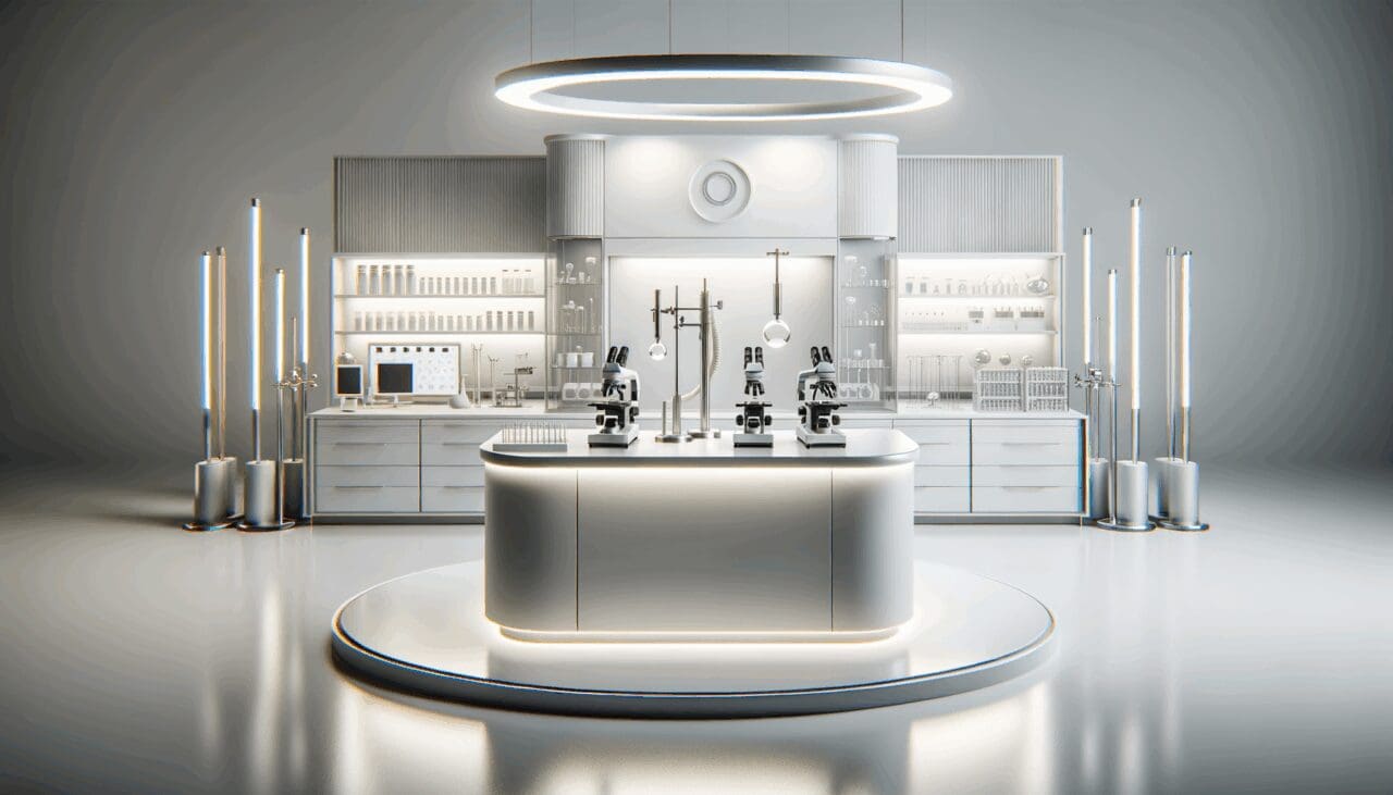 Laboratorio tecnológico con instrumentos científicos modernos y metales brillando bajo luz blanca neutra.