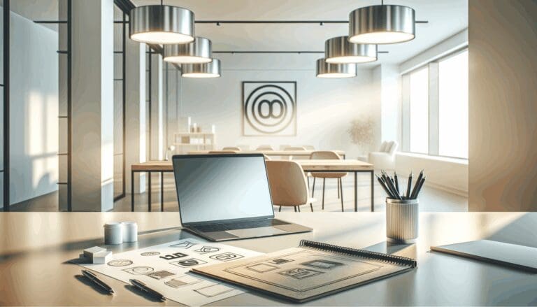 Laptop y libreta sobre escritorio con bocetos de logotipos, ambiente iluminado y moderno.