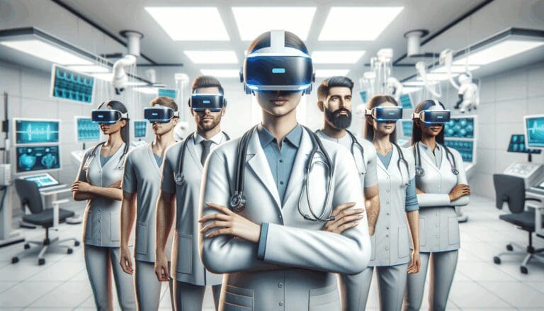 Equipo de profesionales usando dispositivos de realidad virtual en un entorno médico moderno.