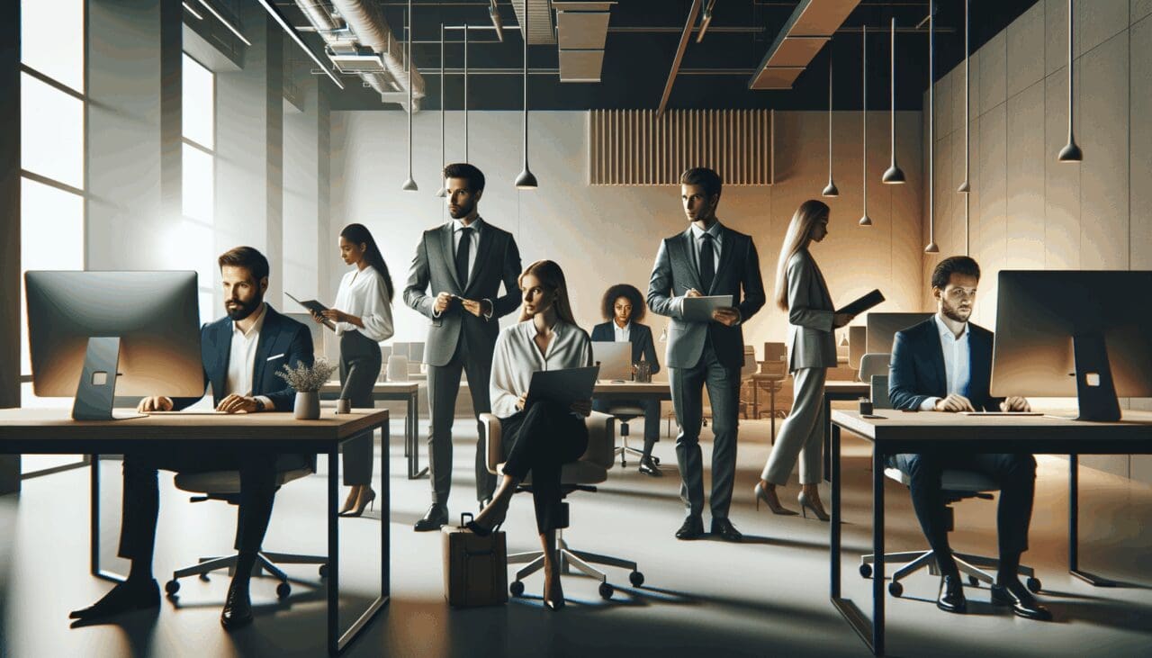 Emprendedores colaborando en un espacio de coworking tecnológico moderno.