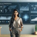 Ilustración de una mujer emprendedora frente a una pizarra digital con gráficos y algoritmos de inteligencia artificial en un entorno moderno.