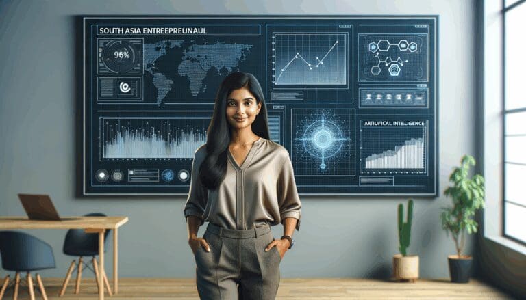 Ilustración de una mujer emprendedora frente a una pizarra digital con gráficos y algoritmos de inteligencia artificial en un entorno moderno.