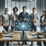 Un grupo de emprendedores latinoamericanos presentando su solución tecnológica en una sala de juntas moderna, junto a representantes de una gran empresa.