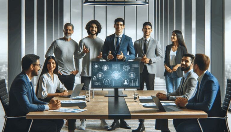 Un grupo de emprendedores latinoamericanos presentando su solución tecnológica en una sala de juntas moderna, junto a representantes de una gran empresa.