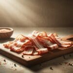 Primer plano de tiras de tocino vegetal sobre una tabla de madera, luz natural y fondo neutro.