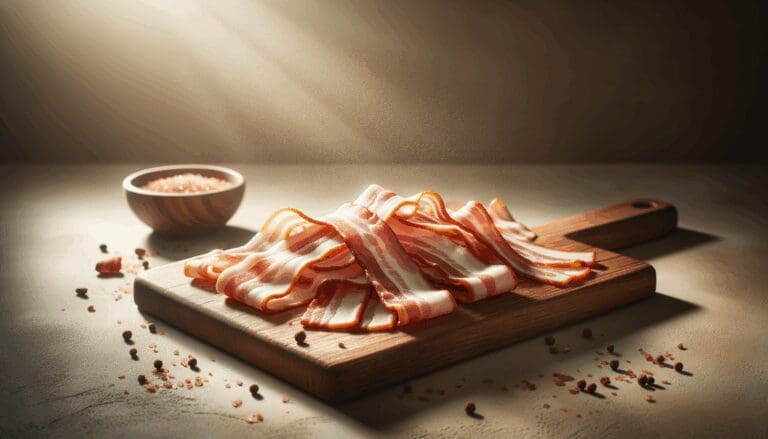 Primer plano de tiras de tocino vegetal sobre una tabla de madera, luz natural y fondo neutro.