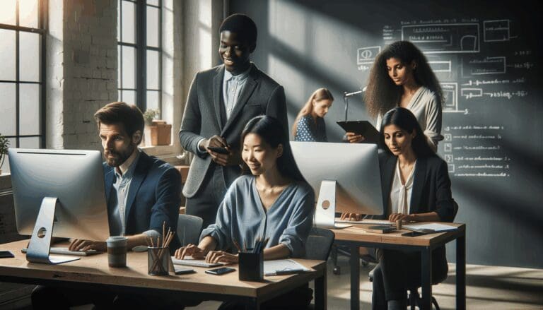 Grupo diverso de emprendedores trabajando en un espacio tecnológico moderno con pizarras y ordenadores.