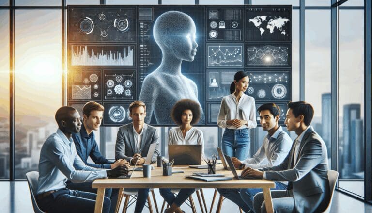 Emprendedores colaborando frente a pantallas con gráficos y elementos de inteligencia artificial en una oficina moderna.