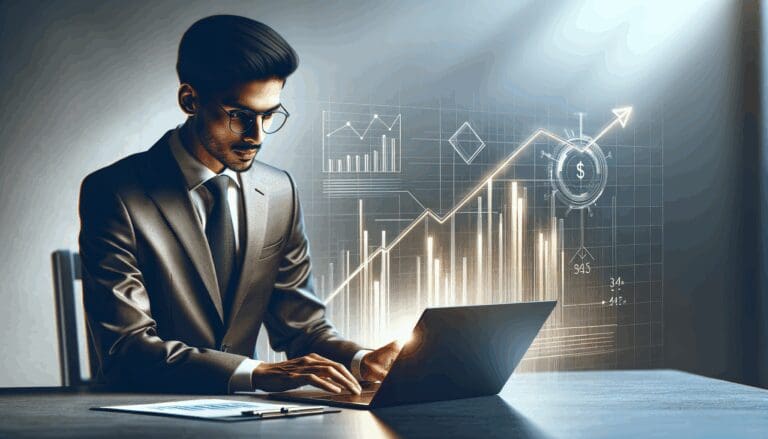 Un emprendedor revisando un gráfico de finanzas en un ordenador portátil moderno.