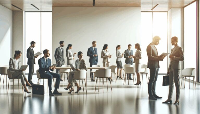 Grupo diverso de profesionales interactuando en un espacio de coworking moderno y luminoso.