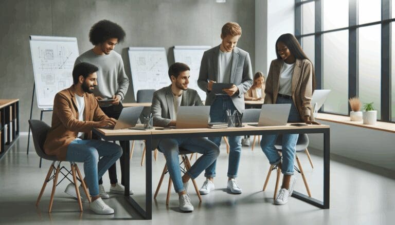 Jóvenes emprendedores colaborando en un espacio de coworking moderno, con portátiles y pizarras electrónicas.