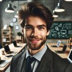 Retrato de un joven profesional en un espacio de coworking moderno con laptops y pizarras al fondo.