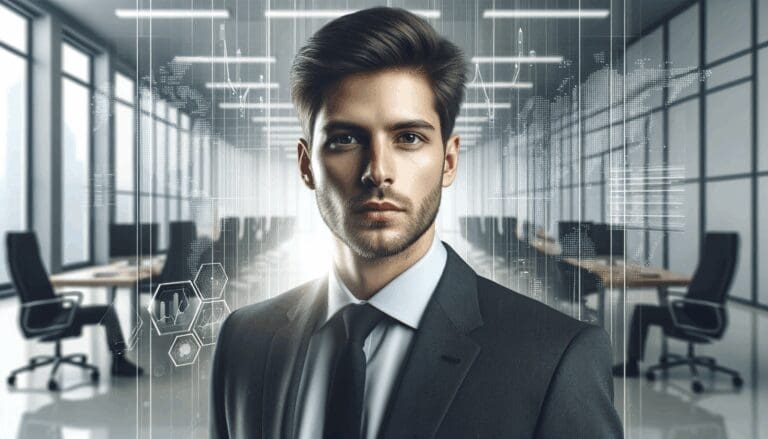 Retrato profesional de un inversionista en una moderna oficina de fondos de inversión, ambiente serio y tecnológico.