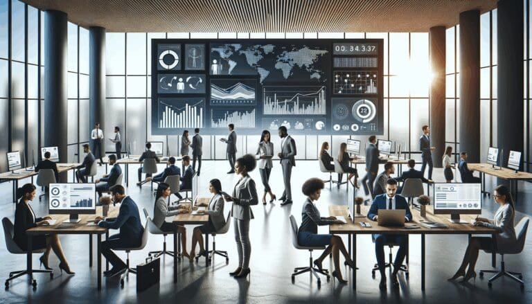 Grupo diverso trabajando frente a pantallas con gráficos y datos en una oficina moderna, ambiente de innovación.