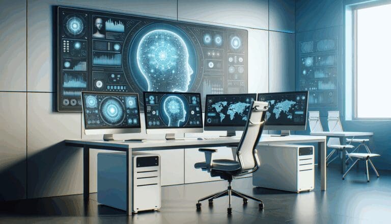 Sala de trabajo moderna con computadoras de alto rendimiento y pantallas mostrando gráficos de inteligencia artificial.