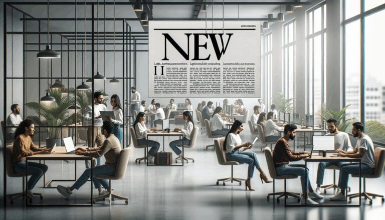 Espacio de coworking moderno con emprendedores latinoamericanos colaborando y usando tecnología.