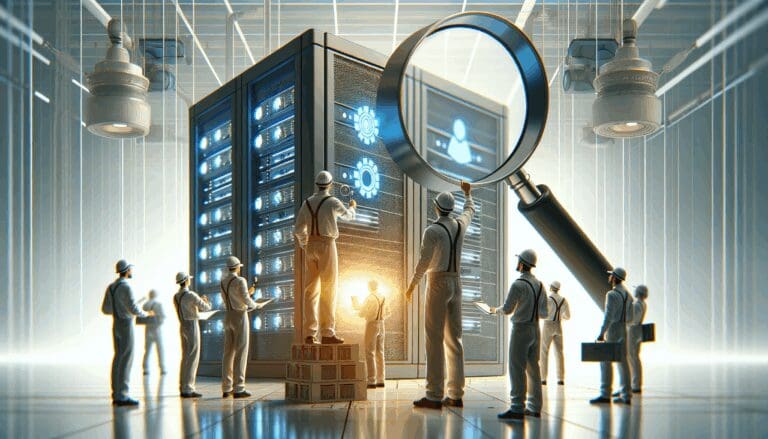 Primer plano editorial de servidores tecnológicos y equipos de trabajo en un entorno moderno, enfoque en ambiente innovador.