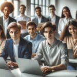 Jóvenes emprendedores trabajando en laptops dentro de una oficina moderna y luminosa.