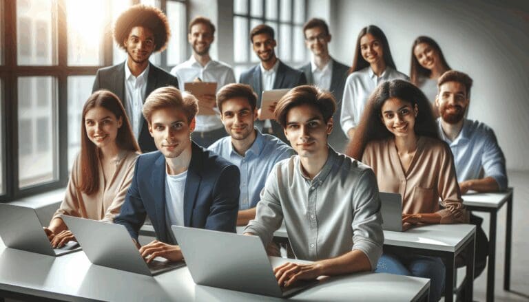Jóvenes emprendedores trabajando en laptops dentro de una oficina moderna y luminosa.