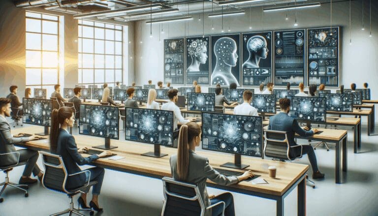 Oficina tecnológica moderna con jóvenes profesionales trabajando en computadoras y pantallas con gráficos de IA.