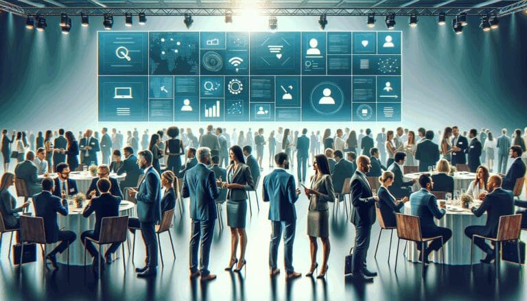 Personas en un evento de networking con pantallas digitales en segundo plano