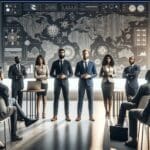 Emprendedores mostrando sus proyectos a inversores en un moderno auditorio tecnológico.