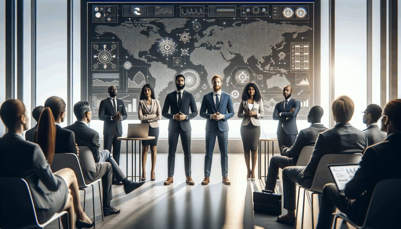 Emprendedores mostrando sus proyectos a inversores en un moderno auditorio tecnológico.