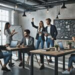 Emprendedores colaborando en un espacio de coworking moderno con laptops y pizarras.