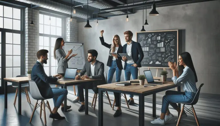 Emprendedores colaborando en un espacio de coworking moderno con laptops y pizarras.