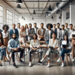 Grupo diverso de emprendedores reunidos en un espacio de coworking moderno y luminoso