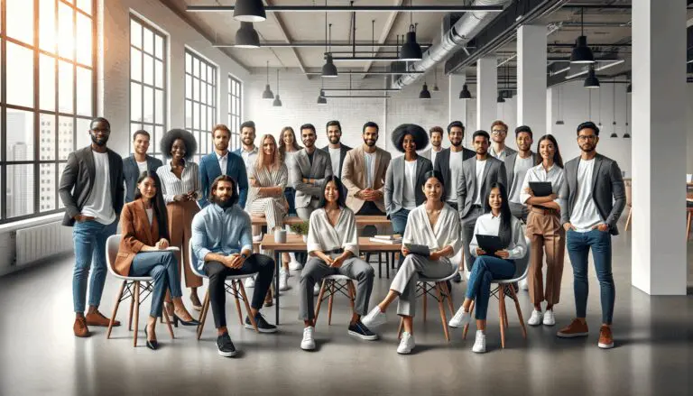 Grupo diverso de emprendedores reunidos en un espacio de coworking moderno y luminoso