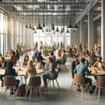 Espacio interior moderno de coworking con grupos de emprendedores conversando en mesas redondas.