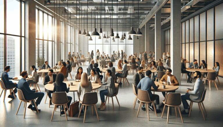 Espacio interior moderno de coworking con grupos de emprendedores conversando en mesas redondas.