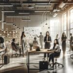 Grupo diverso de emprendedores reunidos en un moderno espacio de coworking, laptops y pizarras interactivas al fondo.